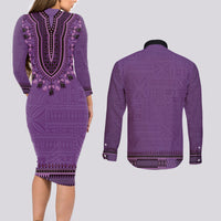 Purple African Dashiki With Fijian Tapa Pattern Couples Matching Long Sleeve Bodycon Dress and Long Sleeve Button Shirt