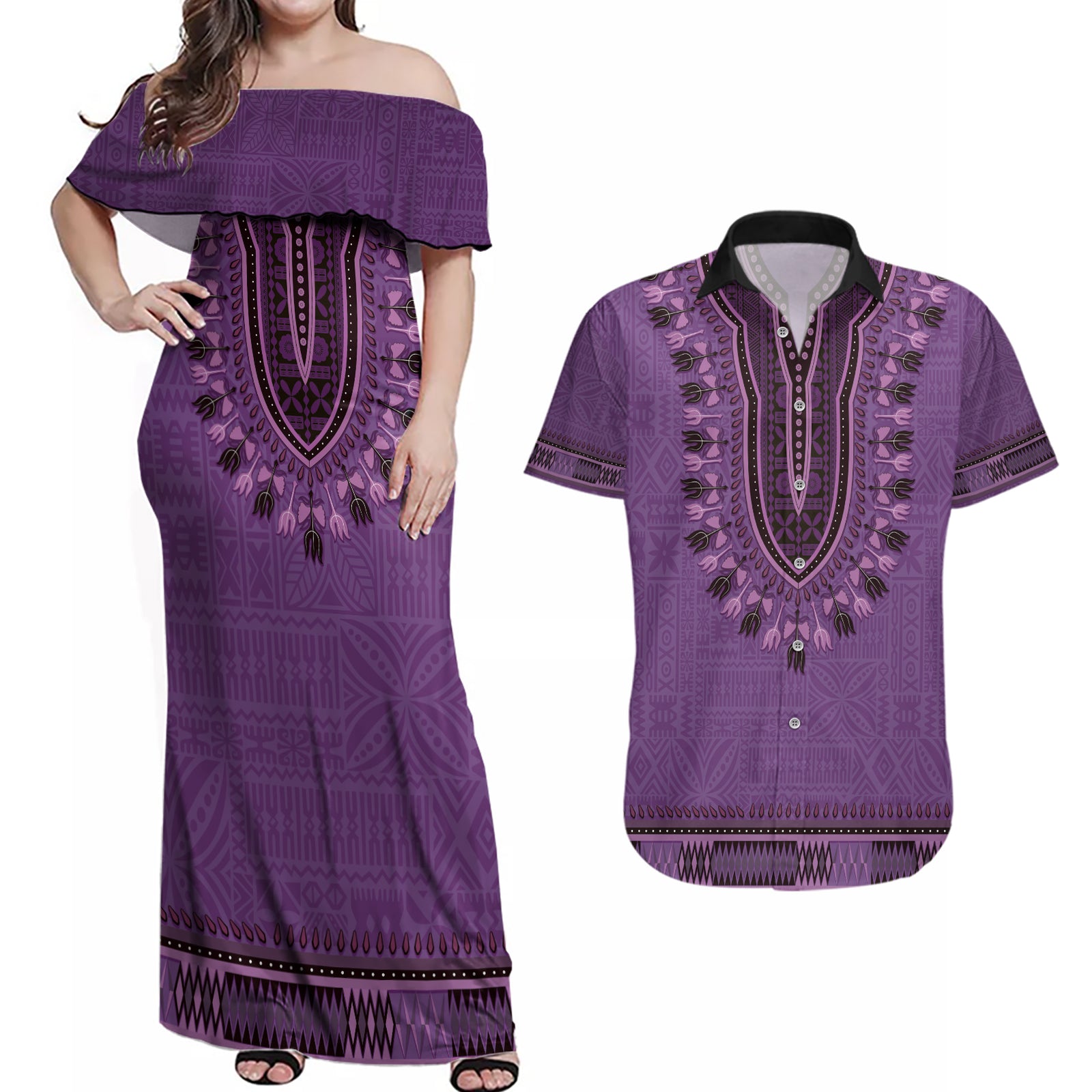 Purple African Dashiki With Fijian Tapa Pattern Couples Matching Off Shoulder Maxi Dress and Hawaiian Shirt LT14 Purple - Polynesian Pride