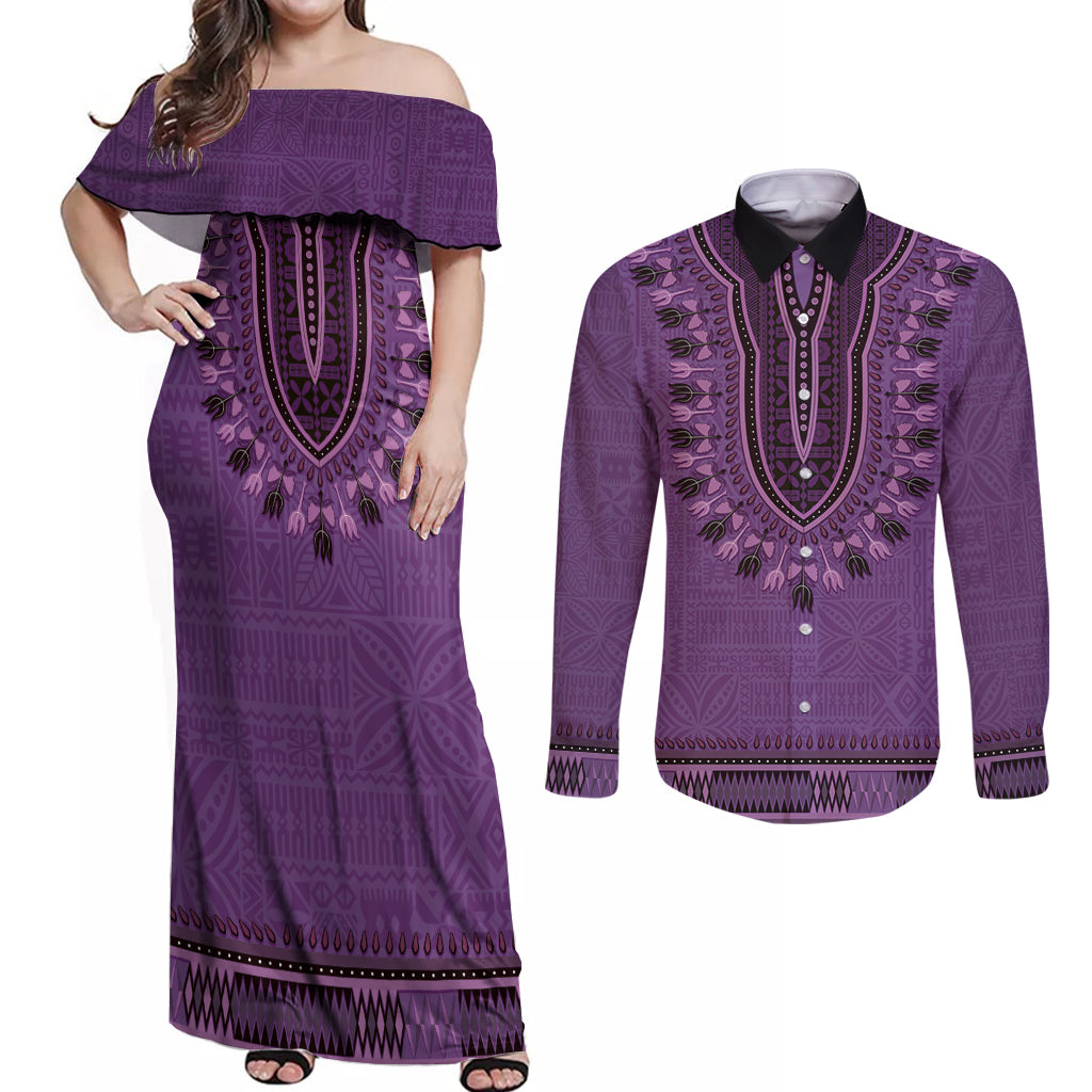 Purple African Dashiki With Fijian Tapa Pattern Couples Matching Off Shoulder Maxi Dress and Long Sleeve Button Shirt LT14 Purple - Polynesian Pride