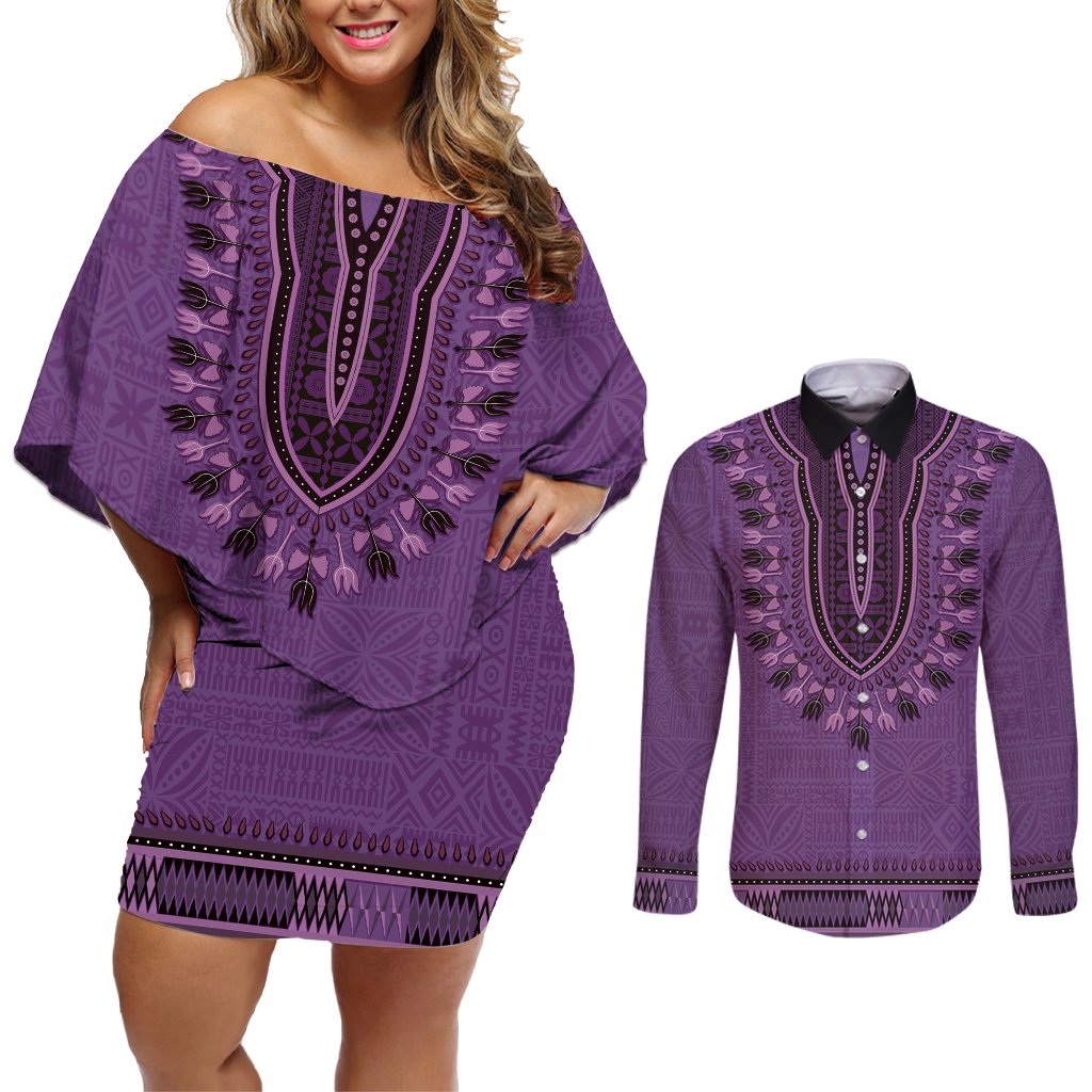Purple African Dashiki With Fijian Tapa Pattern Couples Matching Off Shoulder Short Dress and Long Sleeve Button Shirt LT14 Purple - Polynesian Pride