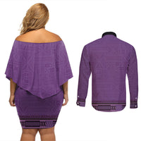 Purple African Dashiki With Fijian Tapa Pattern Couples Matching Off Shoulder Short Dress and Long Sleeve Button Shirt