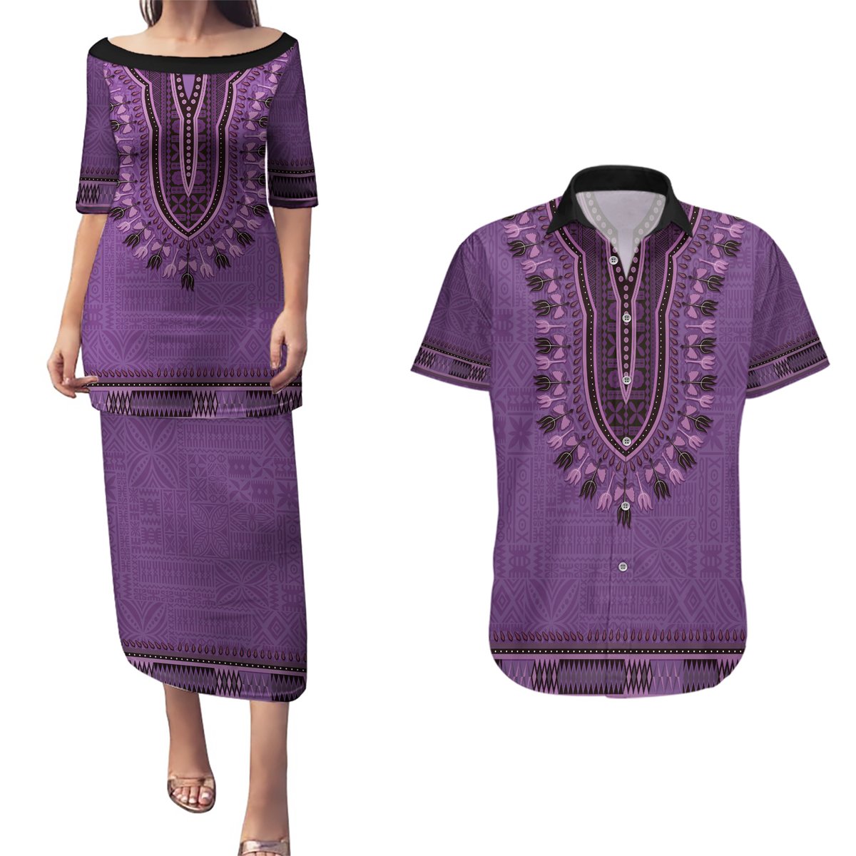 Purple African Dashiki With Fijian Tapa Pattern Couples Matching Puletasi and Hawaiian Shirt LT14 Purple - Polynesian Pride