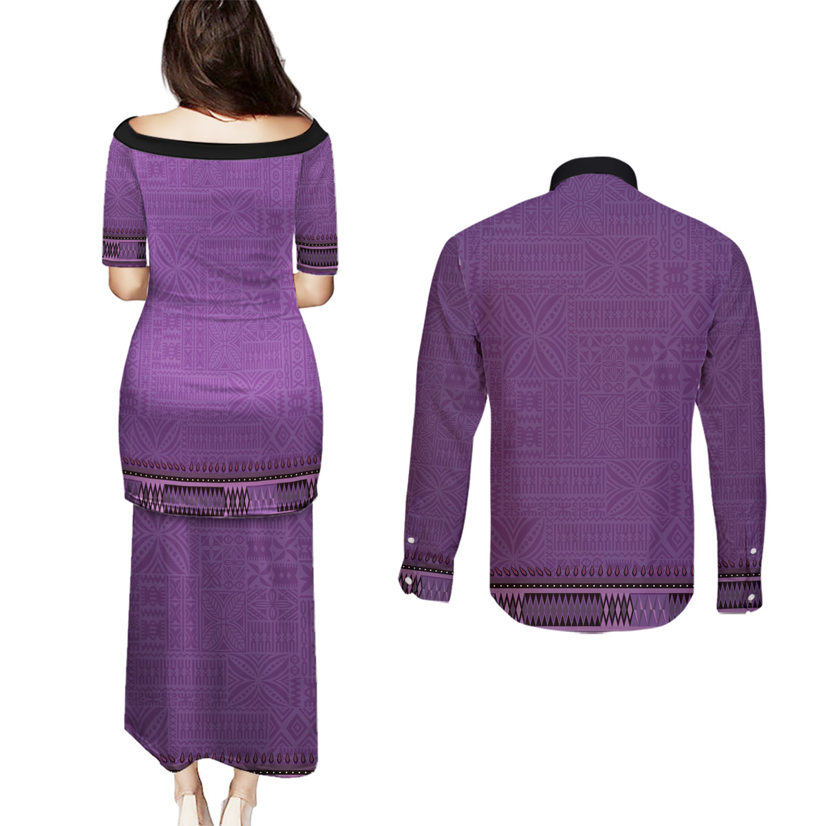Purple African Dashiki With Fijian Tapa Pattern Couples Matching Puletasi and Long Sleeve Button Shirt