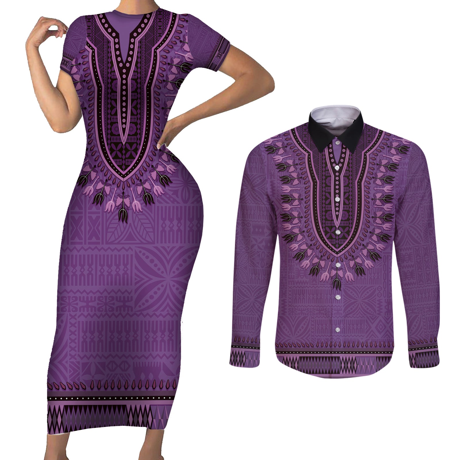 Purple African Dashiki With Fijian Tapa Pattern Couples Matching Short Sleeve Bodycon Dress and Long Sleeve Button Shirt LT14 Purple - Polynesian Pride