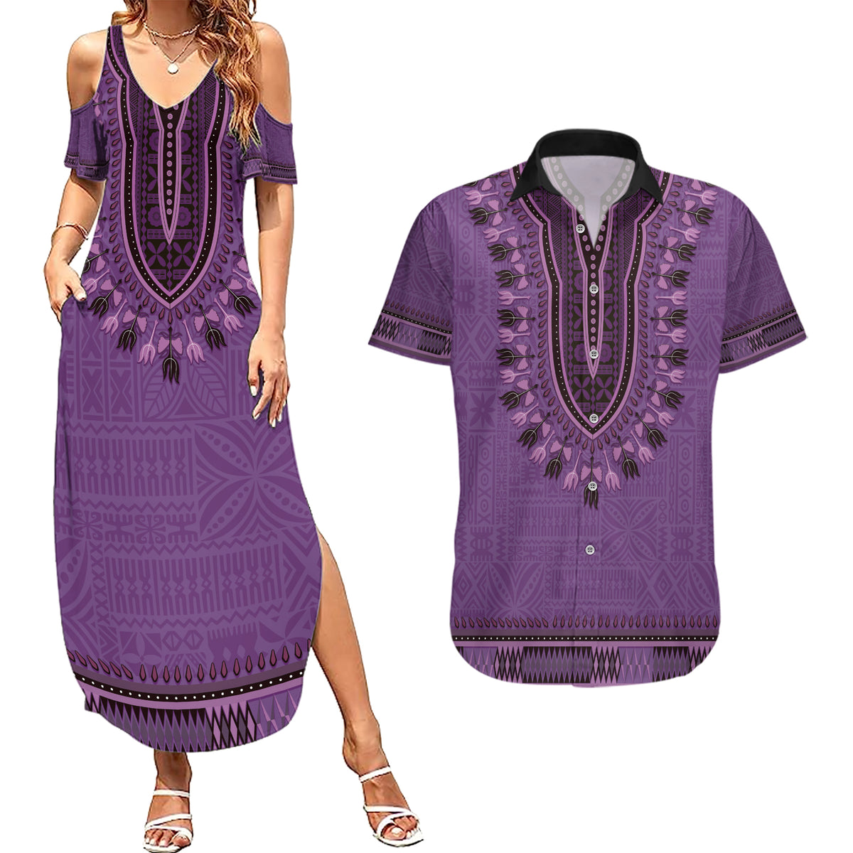 Purple African Dashiki With Fijian Tapa Pattern Couples Matching Summer Maxi Dress and Hawaiian Shirt