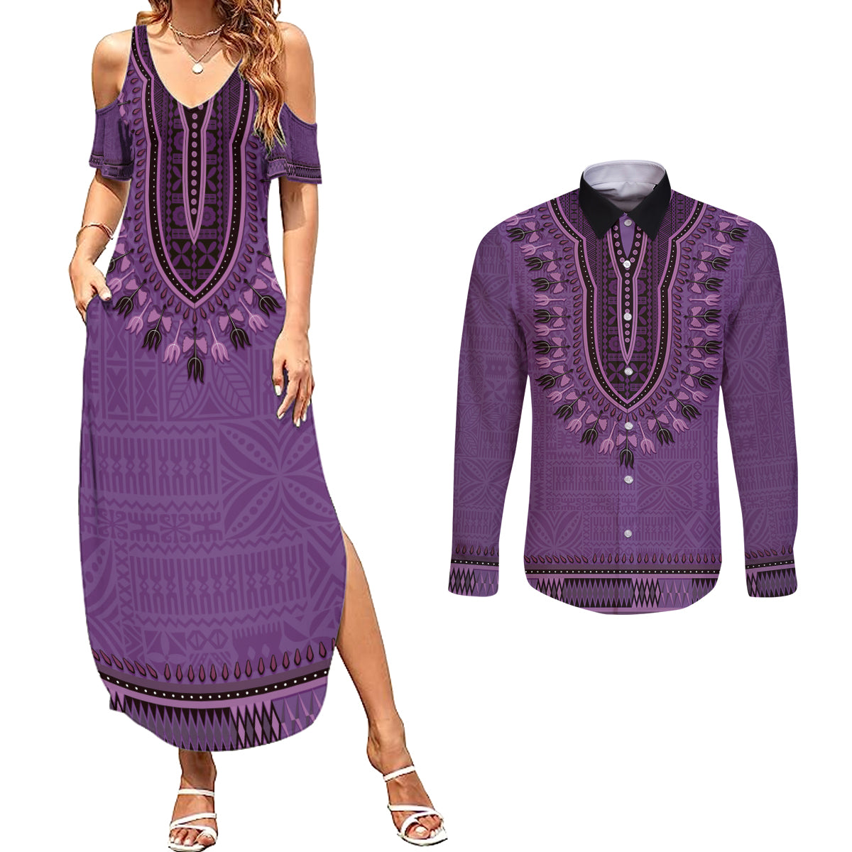 Purple African Dashiki With Fijian Tapa Pattern Couples Matching Summer Maxi Dress and Long Sleeve Button Shirt