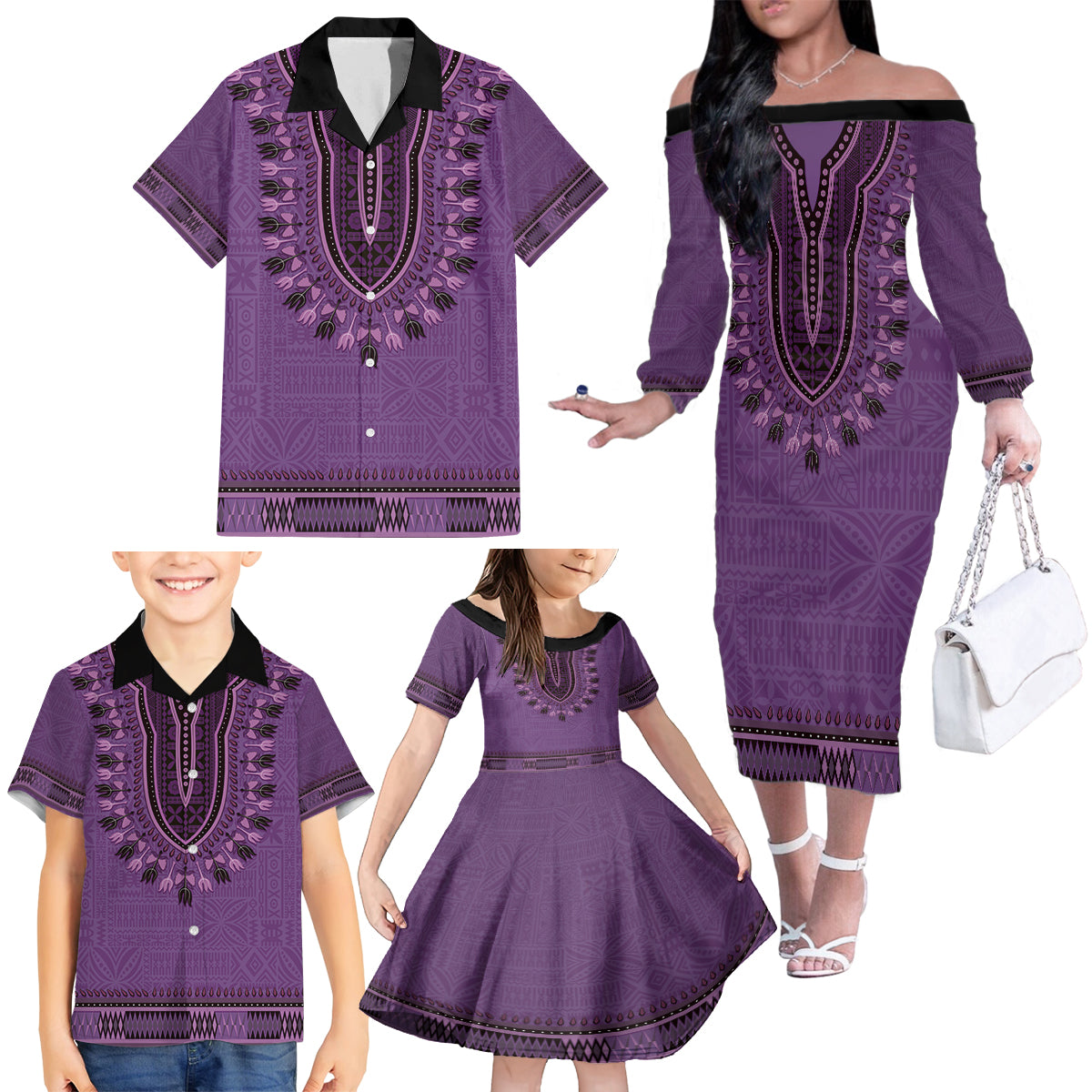 Purple African Dashiki With Fijian Tapa Pattern Family Matching Off The Shoulder Long Sleeve Dress and Hawaiian Shirt LT14 - Polynesian Pride