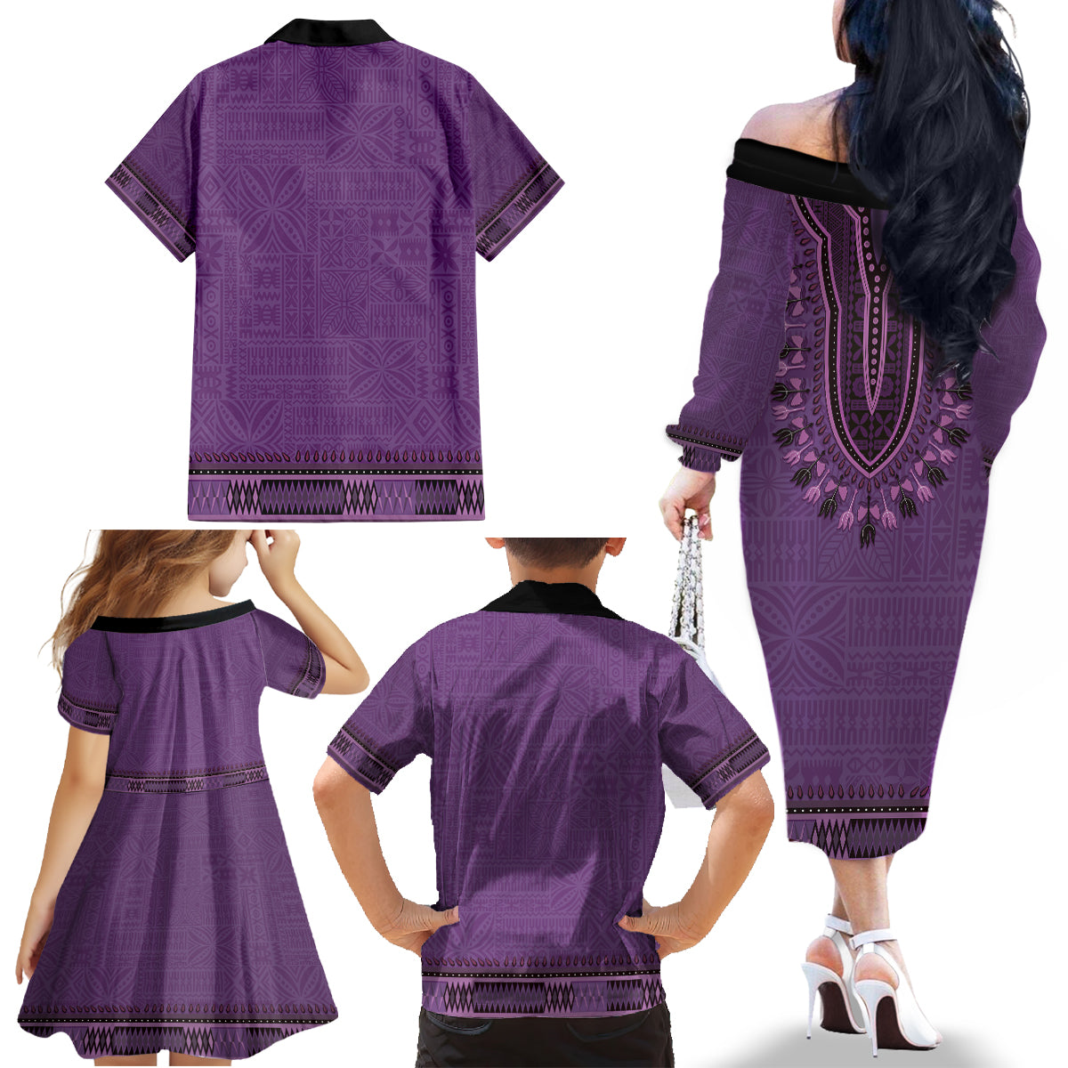 Purple African Dashiki With Fijian Tapa Pattern Family Matching Off The Shoulder Long Sleeve Dress and Hawaiian Shirt