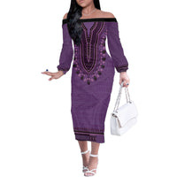 Purple African Dashiki With Fijian Tapa Pattern Family Matching Off The Shoulder Long Sleeve Dress and Hawaiian Shirt