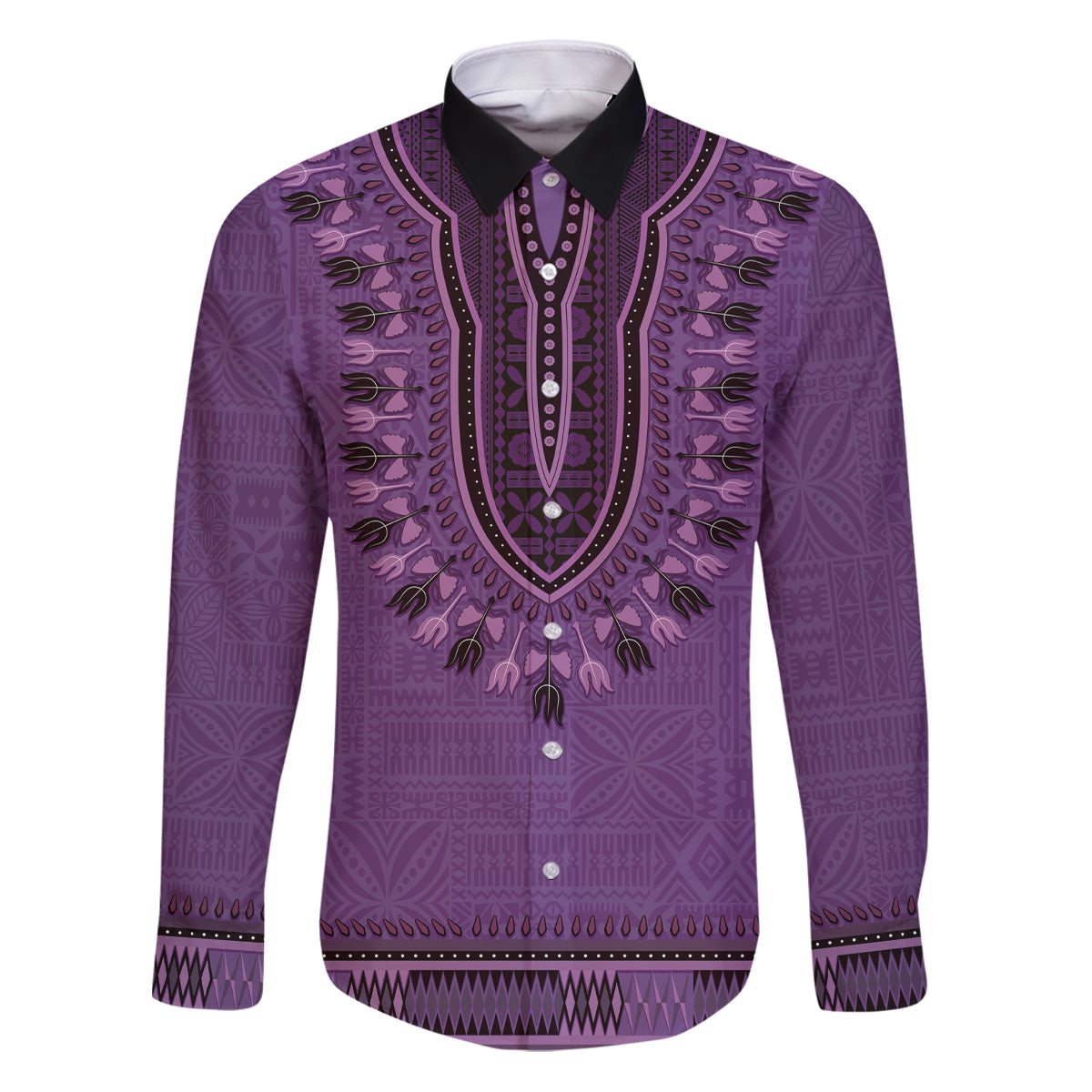 Purple African Dashiki With Fijian Tapa Pattern Family Matching Puletasi and Hawaiian Shirt LT14 Dad's Shirt - Long Sleeve Purple - Polynesian Pride