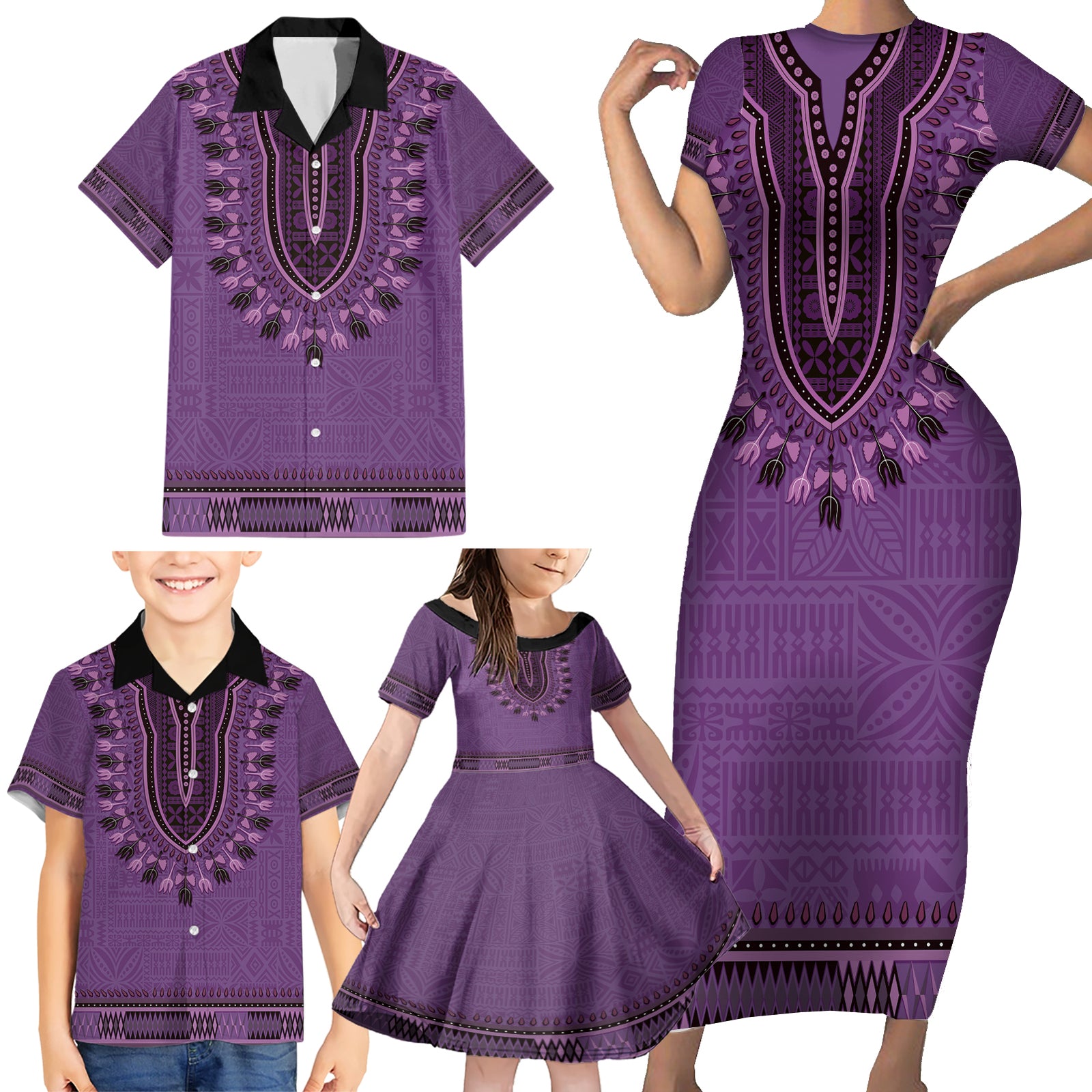 Purple African Dashiki With Fijian Tapa Pattern Family Matching Short Sleeve Bodycon Dress and Hawaiian Shirt LT14 - Polynesian Pride