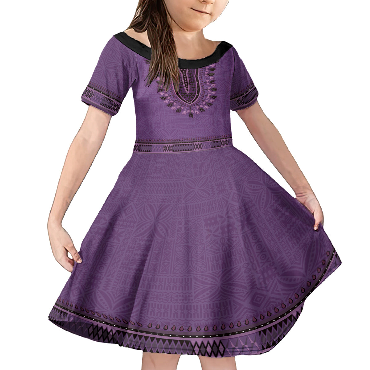 Purple African Dashiki With Fijian Tapa Pattern Kid Short Sleeve Dress