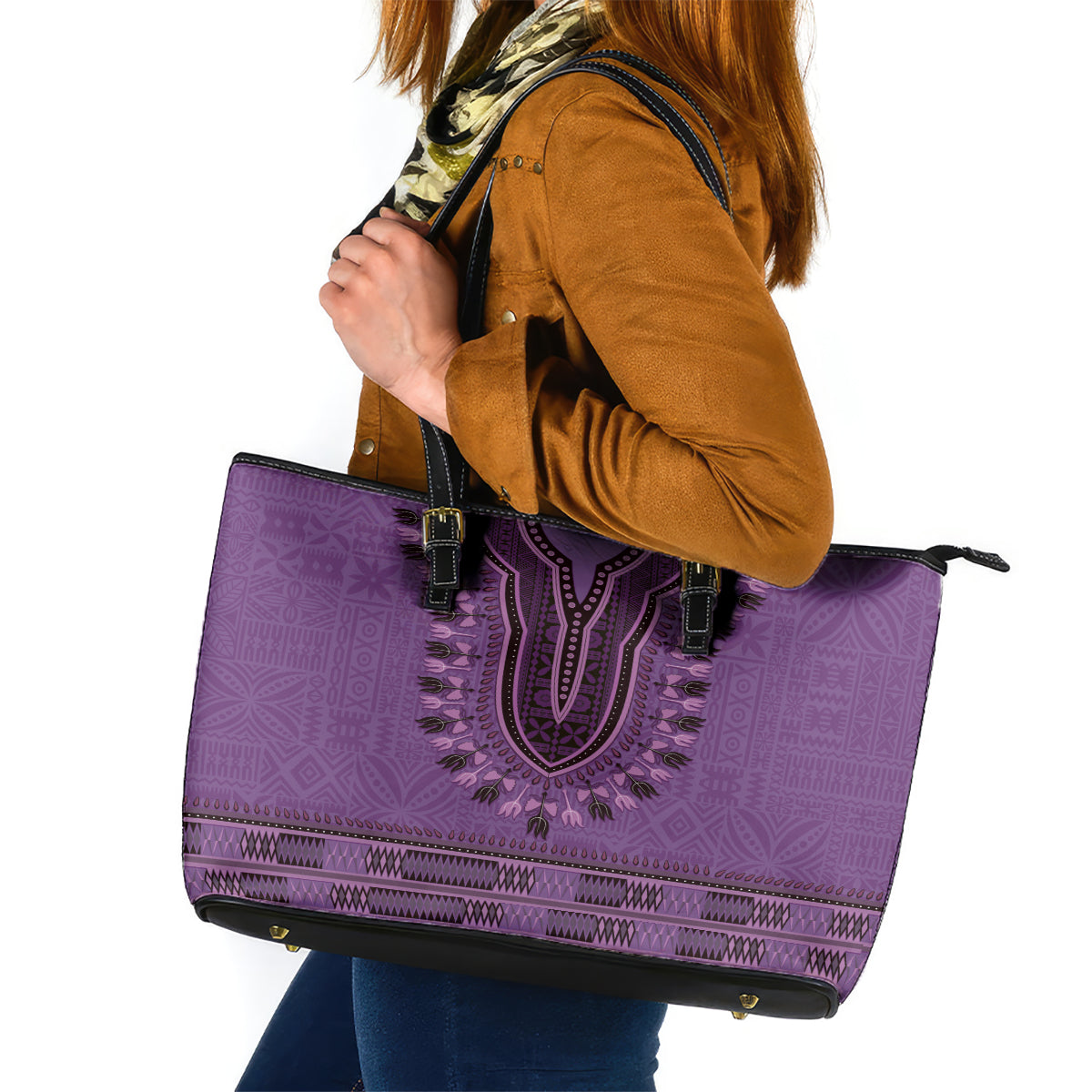 Purple African Dashiki With Fijian Tapa Pattern Leather Tote Bag