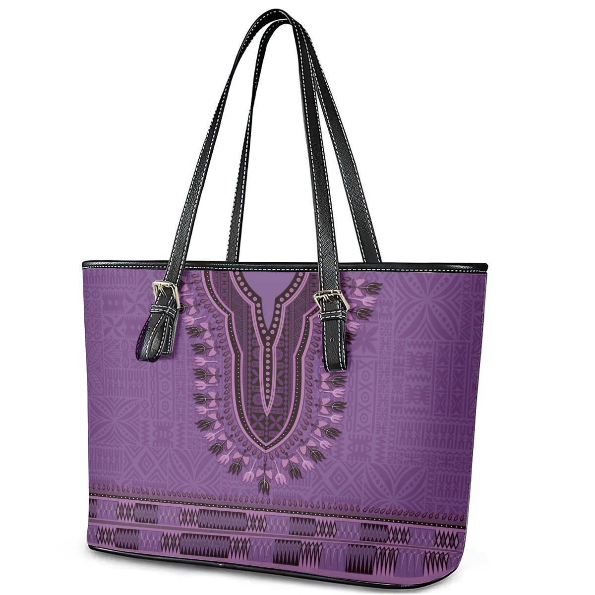 Purple African Dashiki With Fijian Tapa Pattern Leather Tote Bag