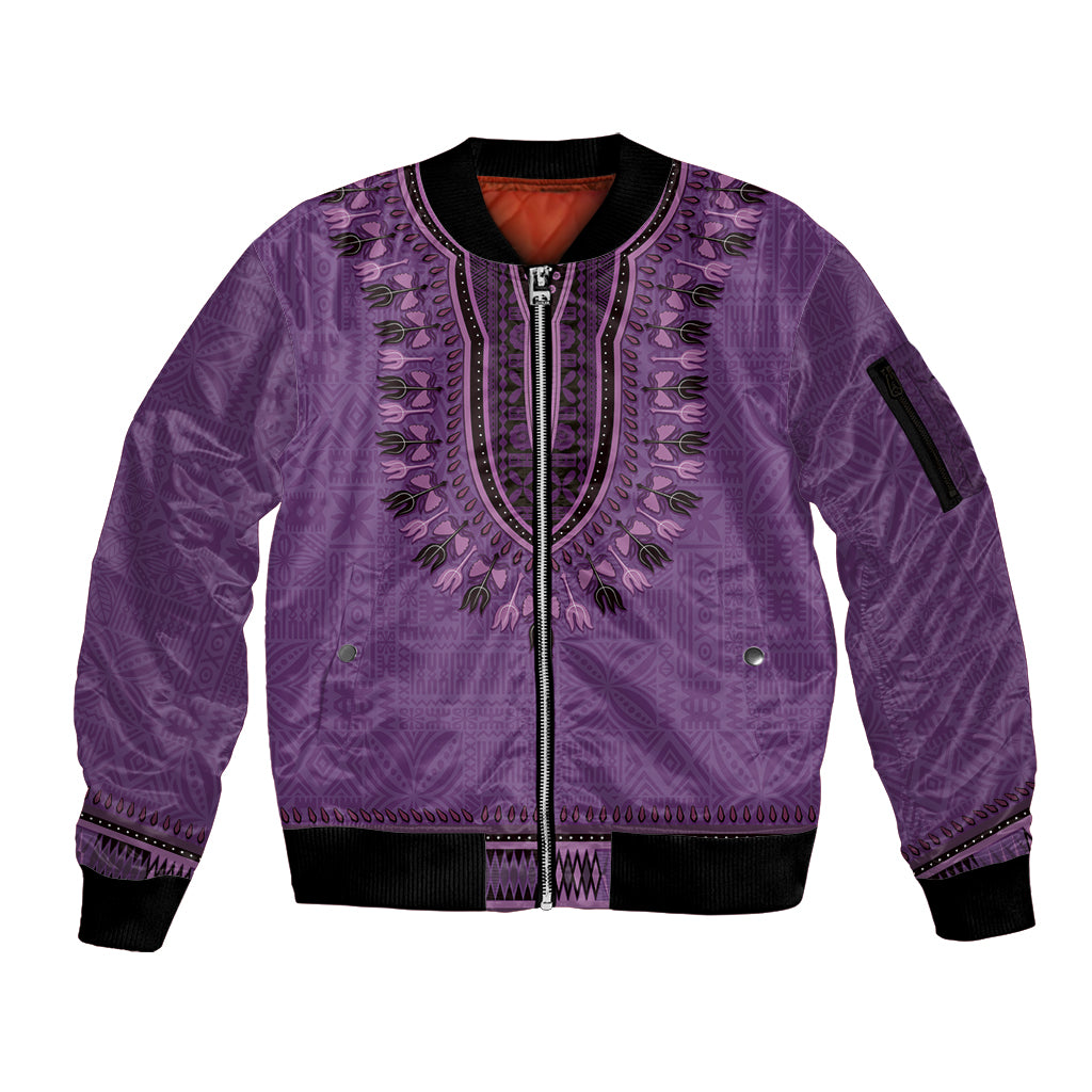 Purple African Dashiki With Fijian Tapa Pattern Sleeve Zip Bomber Jacket LT14 Unisex Purple - Polynesian Pride