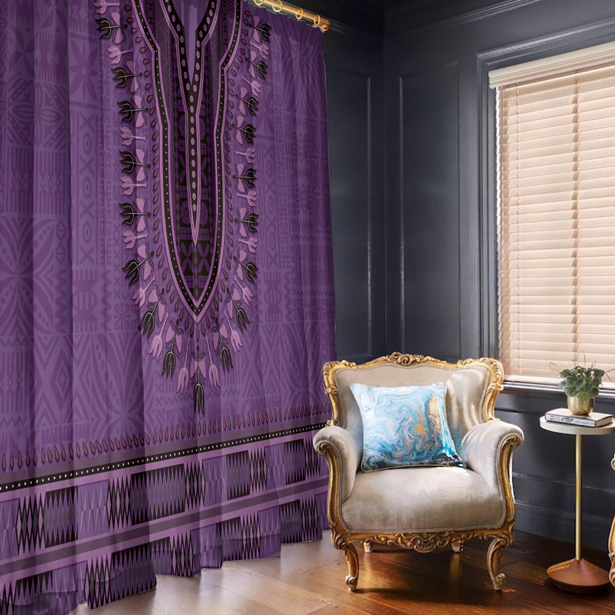 Purple African Dashiki With Fijian Tapa Pattern Window Curtain