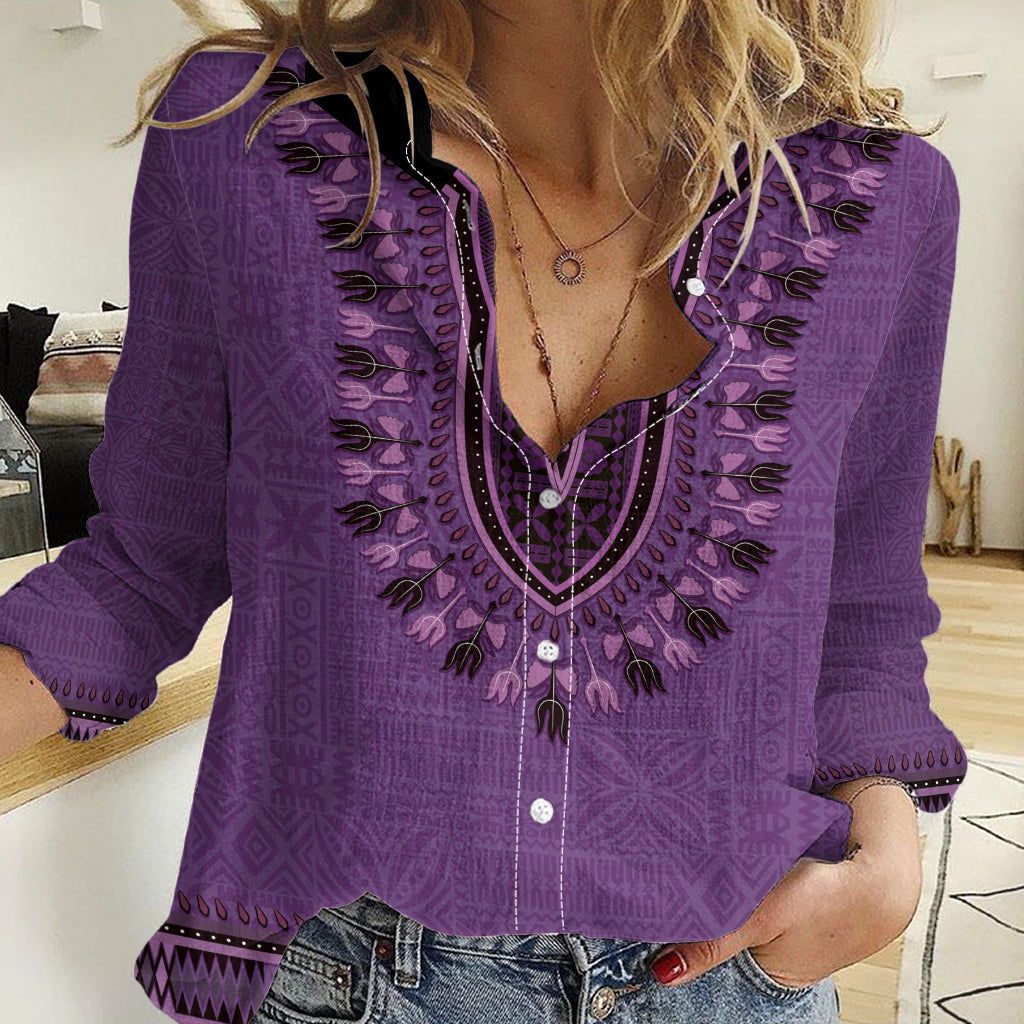 Purple African Dashiki With Fijian Tapa Pattern Women Casual Shirt