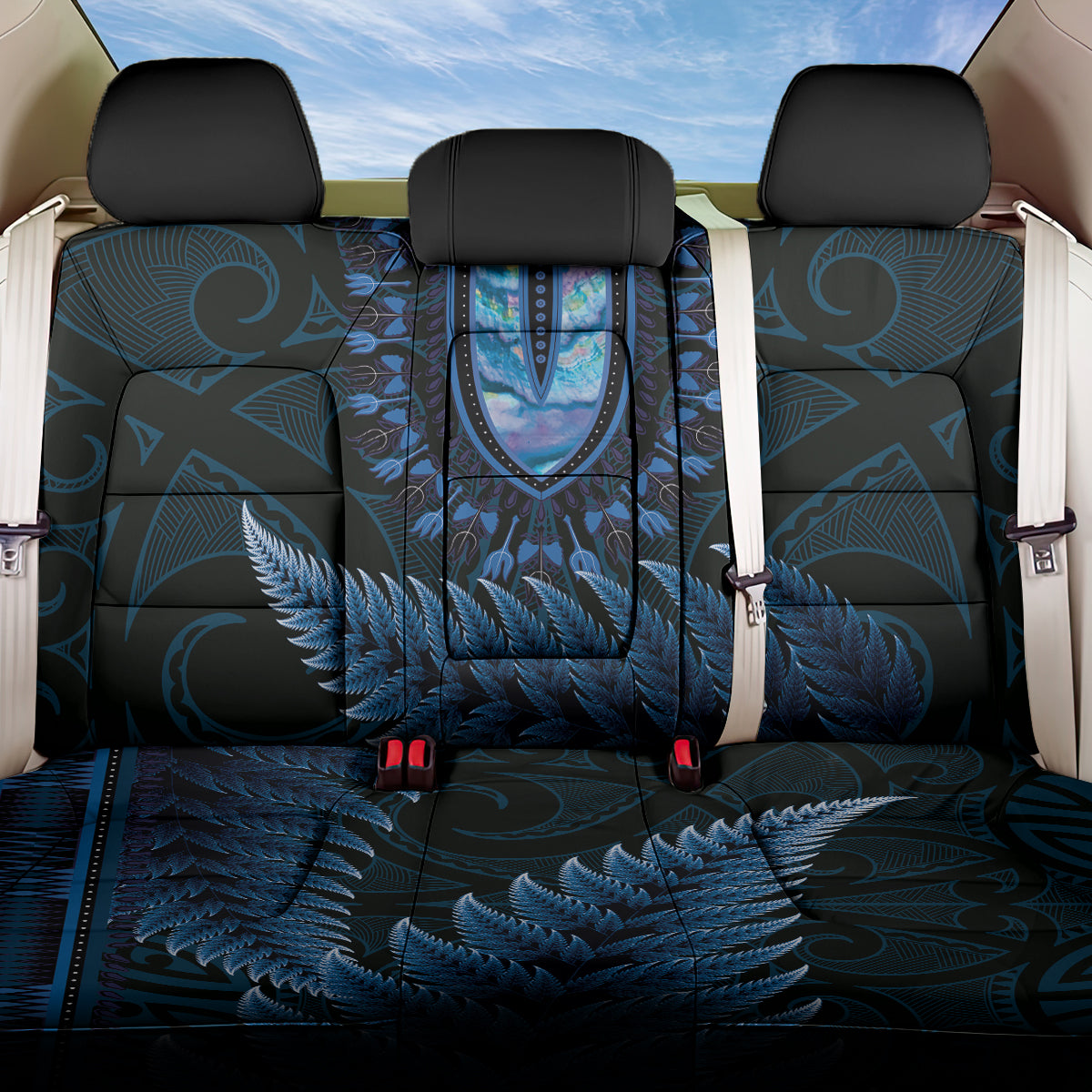 Blue African Dashiki With Aotearoa Maori Back Car Seat Cover Paua Shell Mix Silver Fern