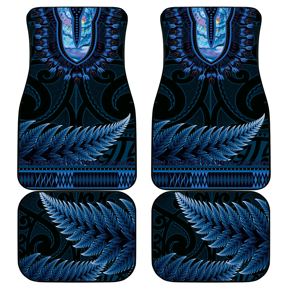 Blue African Dashiki With Aotearoa Maori Car Mats Paua Shell Mix Silver Fern