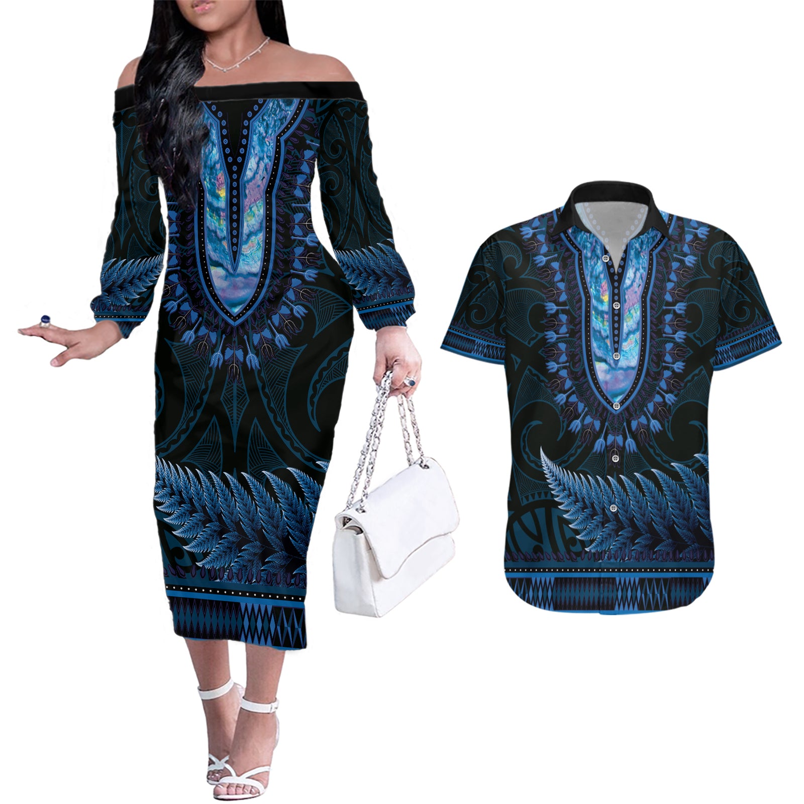 Blue African Dashiki With Aotearoa Maori Couples Matching Off The Shoulder Long Sleeve Dress and Hawaiian Shirt Paua Shell Mix Silver Fern LT14 Blue - Polynesian Pride
