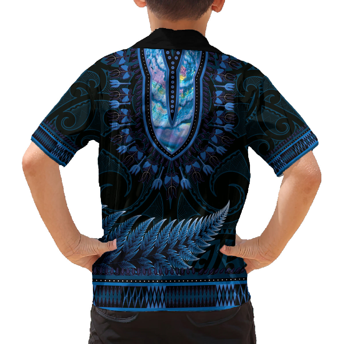 Blue African Dashiki With Aotearoa Maori Family Matching Long Sleeve Bodycon Dress and Hawaiian Shirt Paua Shell Mix Silver Fern LT14 - Polynesian Pride