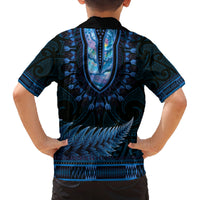 Blue African Dashiki With Aotearoa Maori Family Matching Long Sleeve Bodycon Dress and Hawaiian Shirt Paua Shell Mix Silver Fern LT14 - Polynesian Pride