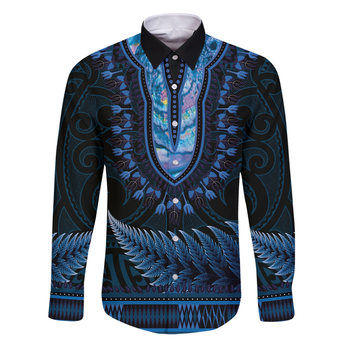 Blue African Dashiki With Aotearoa Maori Family Matching Long Sleeve Bodycon Dress and Hawaiian Shirt Paua Shell Mix Silver Fern LT14 Dad's Shirt - Long Sleeve Blue - Polynesian Pride