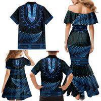 Blue African Dashiki With Aotearoa Maori Family Matching Mermaid Dress and Hawaiian Shirt Paua Shell Mix Silver Fern
