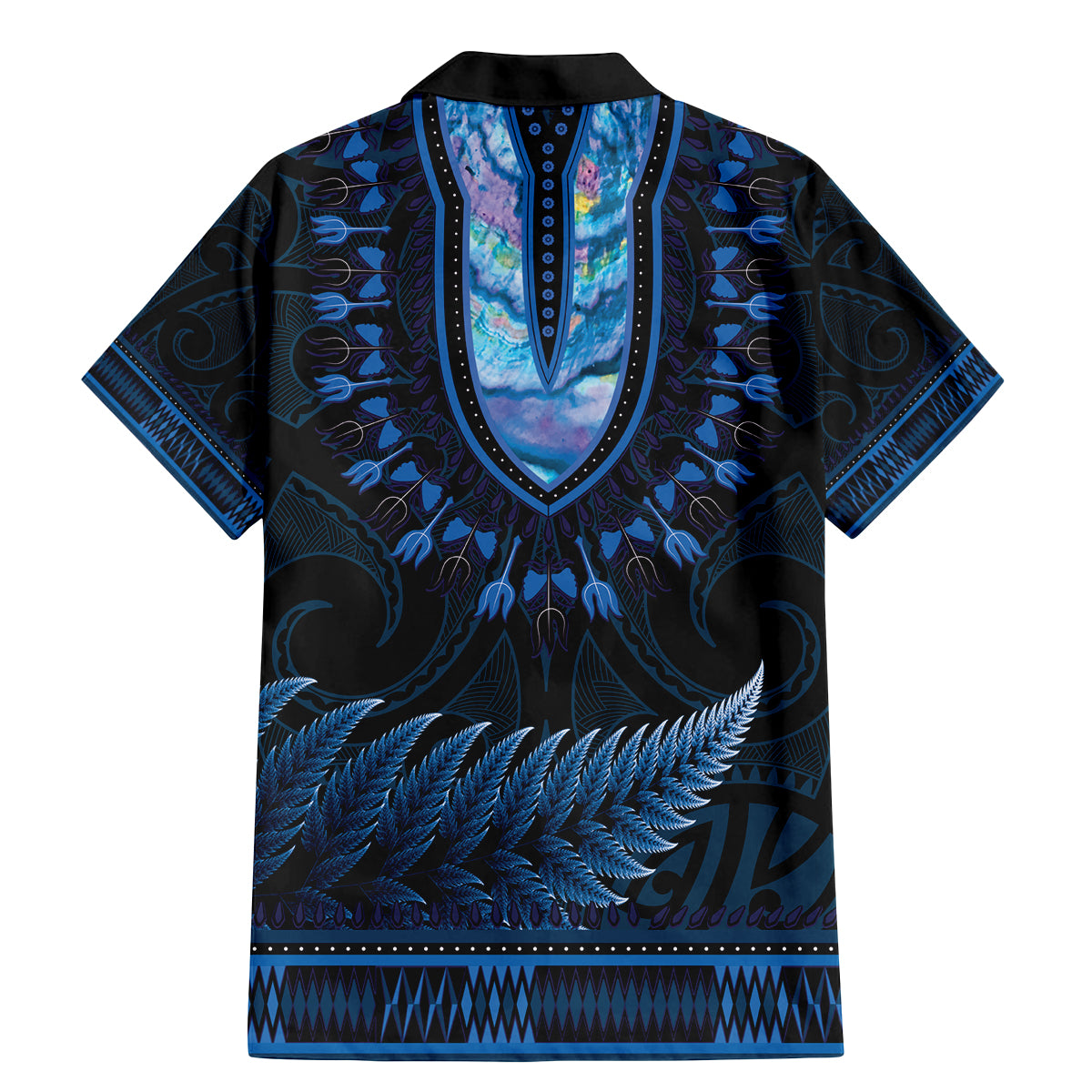 Blue African Dashiki With Aotearoa Maori Family Matching Mermaid Dress and Hawaiian Shirt Paua Shell Mix Silver Fern