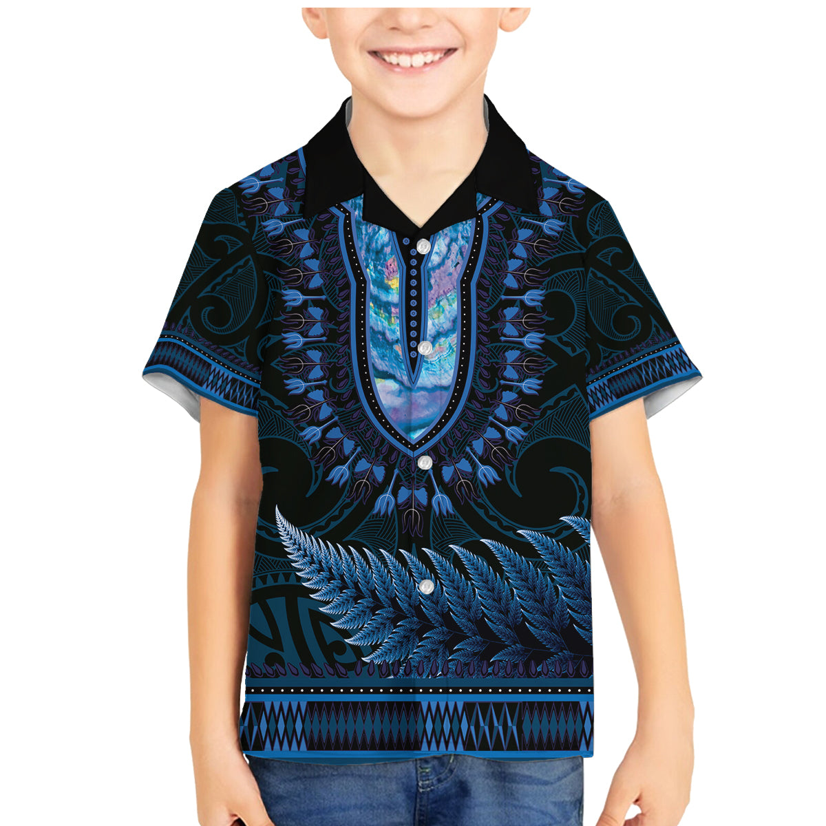 Blue African Dashiki With Aotearoa Maori Family Matching Mermaid Dress and Hawaiian Shirt Paua Shell Mix Silver Fern