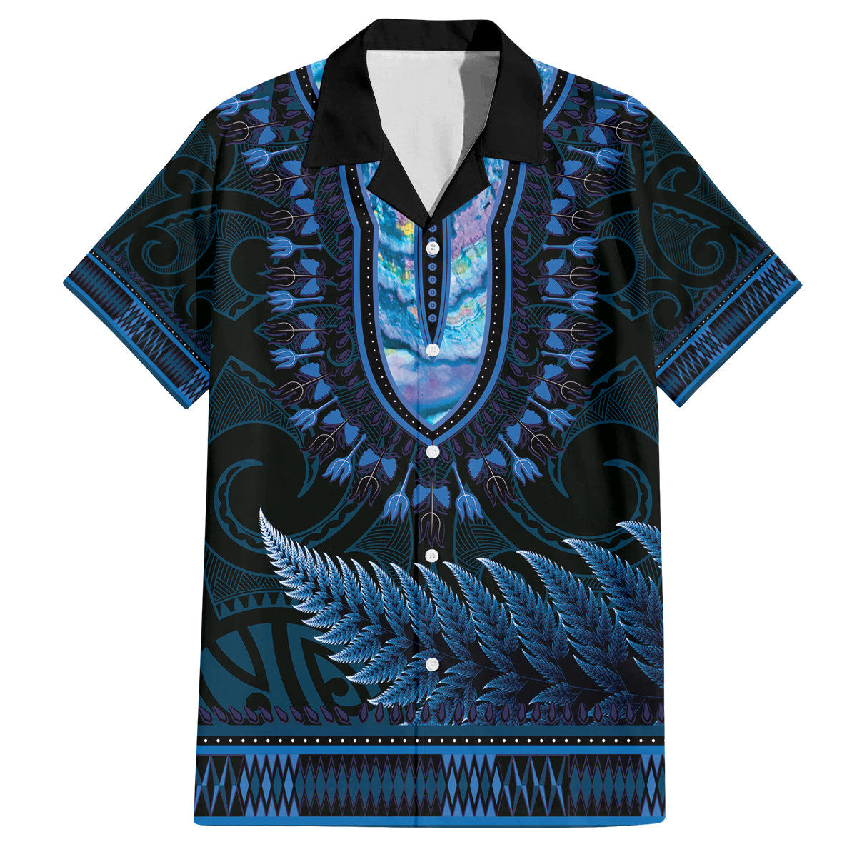 Blue African Dashiki With Aotearoa Maori Family Matching Off The Shoulder Long Sleeve Dress and Hawaiian Shirt Paua Shell Mix Silver Fern