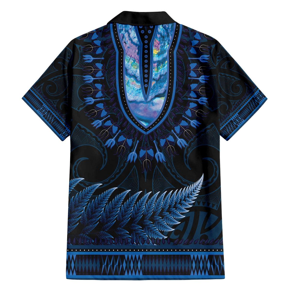Blue African Dashiki With Aotearoa Maori Family Matching Off Shoulder Short Dress and Hawaiian Shirt Paua Shell Mix Silver Fern LT14 - Polynesian Pride