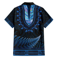 Blue African Dashiki With Aotearoa Maori Family Matching Off Shoulder Short Dress and Hawaiian Shirt Paua Shell Mix Silver Fern LT14 - Polynesian Pride