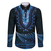 Blue African Dashiki With Aotearoa Maori Family Matching Off Shoulder Short Dress and Hawaiian Shirt Paua Shell Mix Silver Fern LT14 Dad's Shirt - Long Sleeve Blue - Polynesian Pride