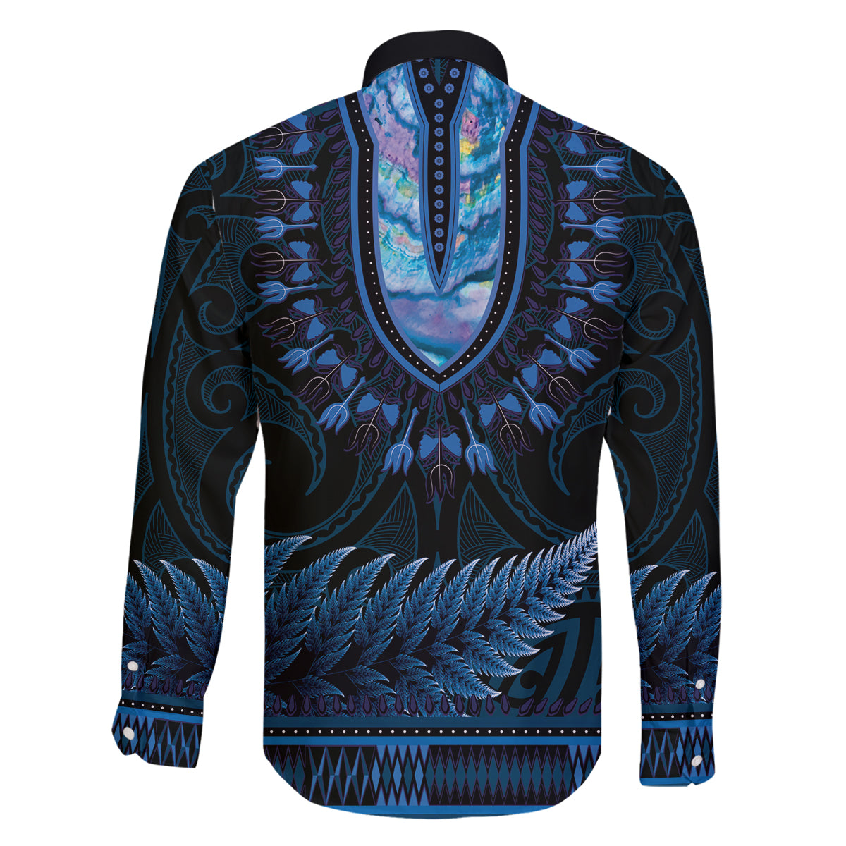 Blue African Dashiki With Aotearoa Maori Family Matching Off Shoulder Short Dress and Hawaiian Shirt Paua Shell Mix Silver Fern LT14 - Polynesian Pride