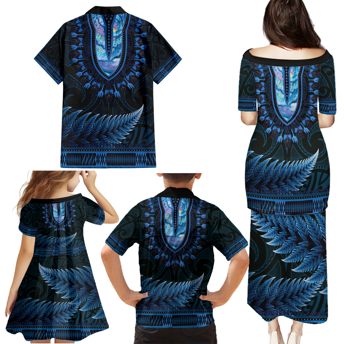 Blue African Dashiki With Aotearoa Maori Family Matching Puletasi and Hawaiian Shirt Paua Shell Mix Silver Fern