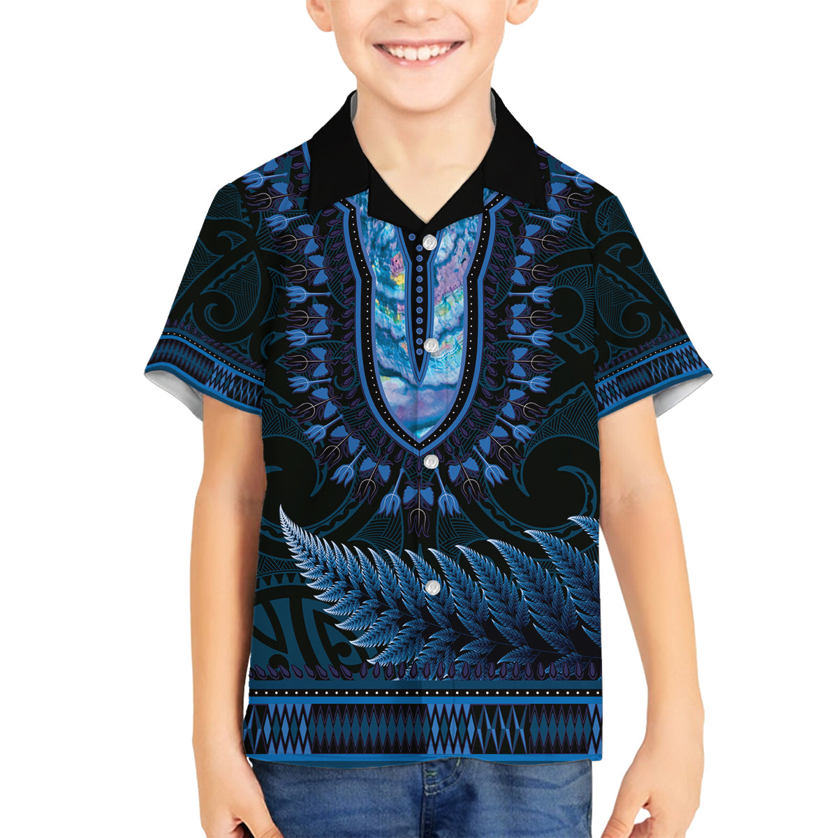 Blue African Dashiki With Aotearoa Maori Family Matching Puletasi and Hawaiian Shirt Paua Shell Mix Silver Fern