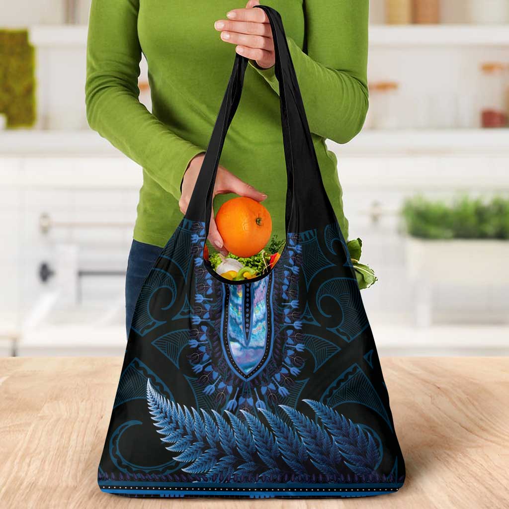 Blue African Dashiki With Aotearoa Maori Grocery Bag Paua Shell Mix Silver Fern
