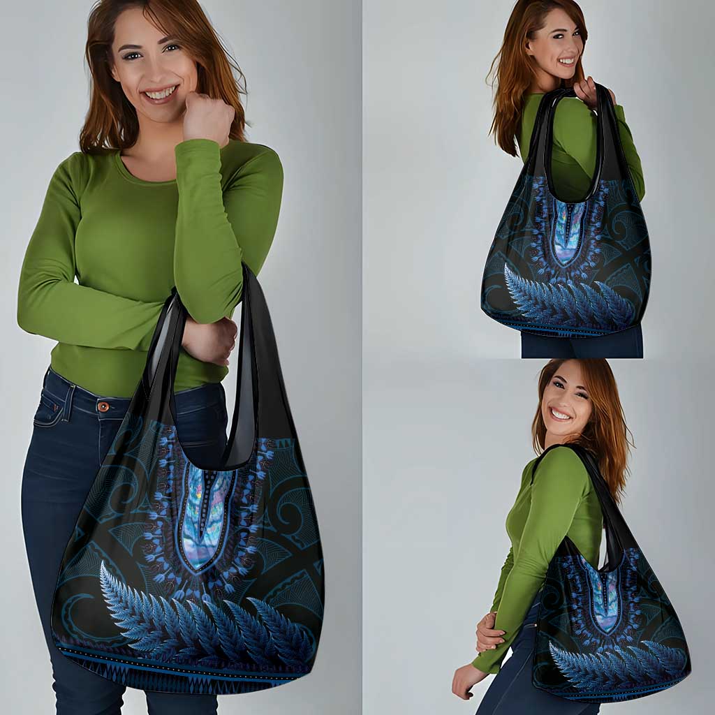 Blue African Dashiki With Aotearoa Maori Grocery Bag Paua Shell Mix Silver Fern