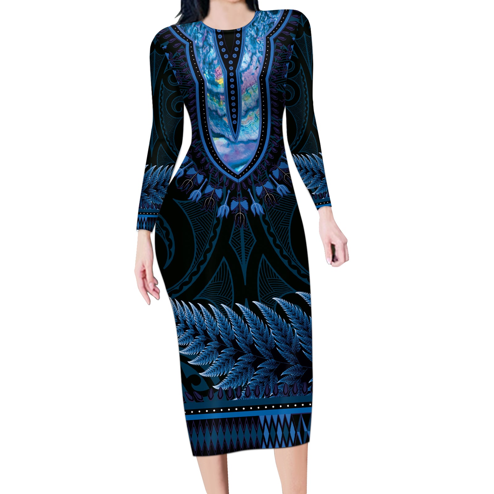 Blue African Dashiki With Aotearoa Maori Long Sleeve Bodycon Dress Paua Shell Mix Silver Fern LT14 Long Dress Blue - Polynesian Pride