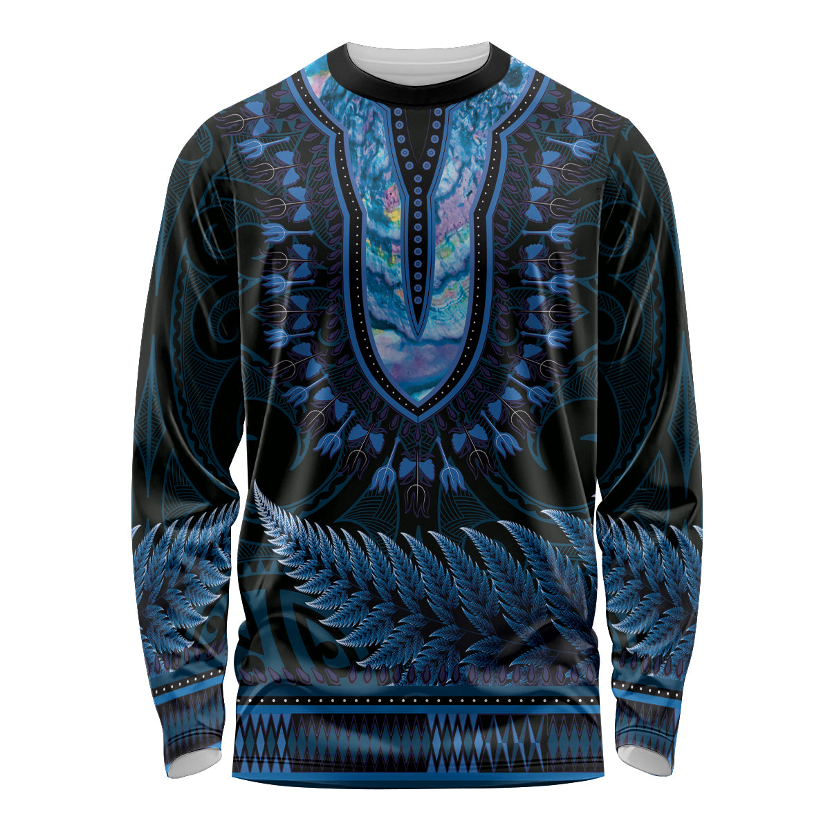 Blue African Dashiki With Aotearoa Maori Long Sleeve Shirt Paua Shell Mix Silver Fern LT14 Unisex Blue - Polynesian Pride