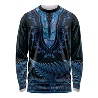 Blue African Dashiki With Aotearoa Maori Long Sleeve Shirt Paua Shell Mix Silver Fern LT14 Unisex Blue - Polynesian Pride