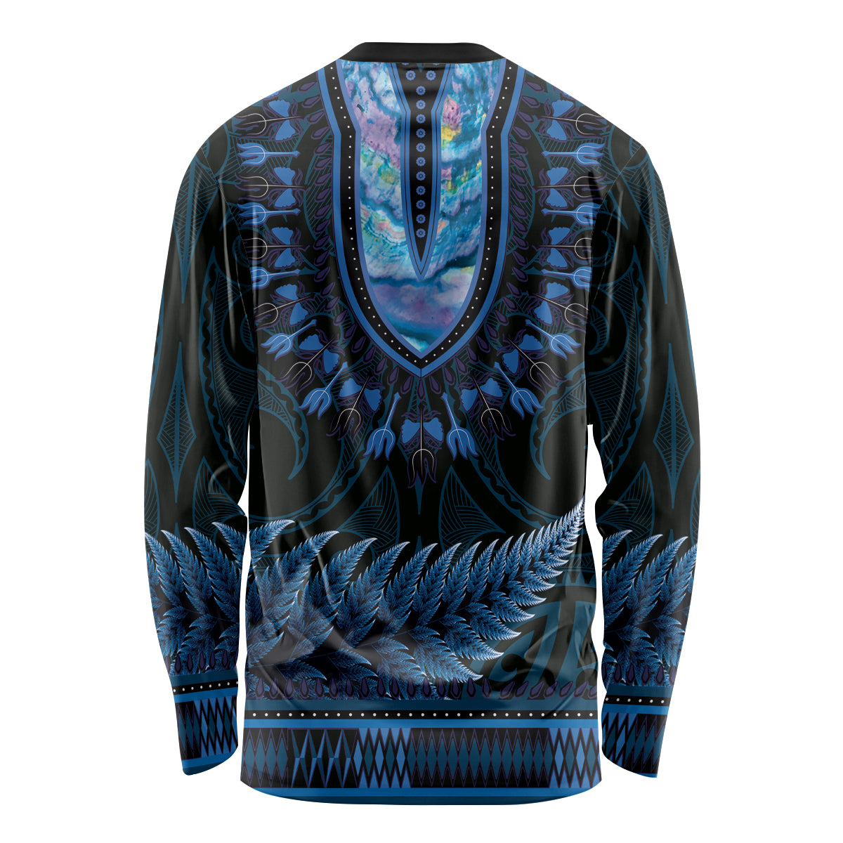 Blue African Dashiki With Aotearoa Maori Long Sleeve Shirt Paua Shell Mix Silver Fern LT14 - Polynesian Pride