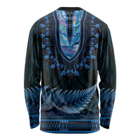 Blue African Dashiki With Aotearoa Maori Long Sleeve Shirt Paua Shell Mix Silver Fern LT14 - Polynesian Pride