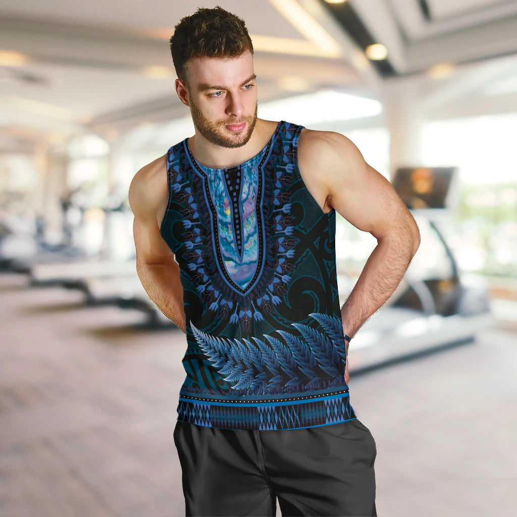 Blue African Dashiki With Aotearoa Maori Men Tank Top Paua Shell Mix Silver Fern LT14 Blue - Polynesian Pride