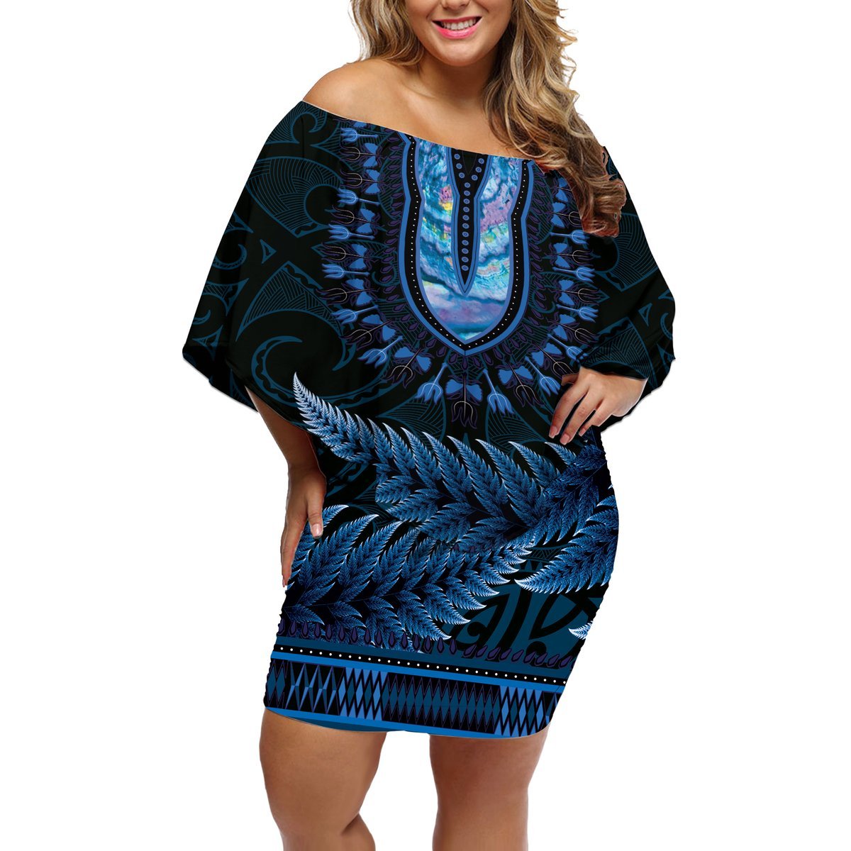 Blue African Dashiki With Aotearoa Maori Off Shoulder Short Dress Paua Shell Mix Silver Fern LT14 Women Blue - Polynesian Pride