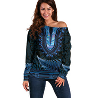 Blue African Dashiki With Aotearoa Maori Off Shoulder Sweater Paua Shell Mix Silver Fern