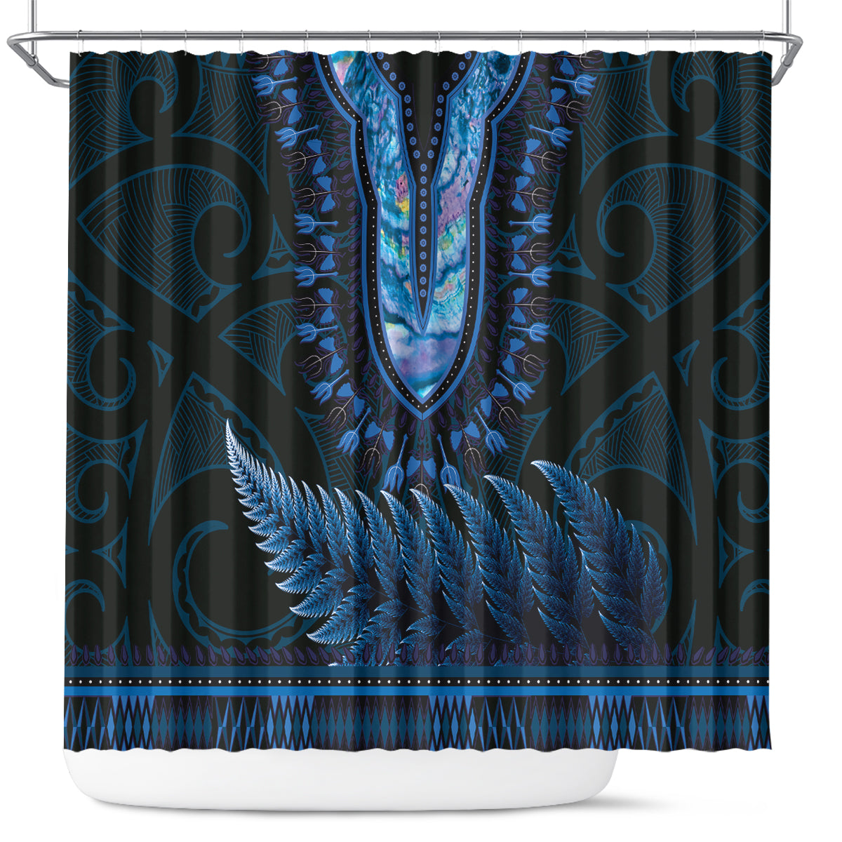 Blue African Dashiki With Aotearoa Maori Shower Curtain Paua Shell Mix Silver Fern LT14 Blue - Polynesian Pride