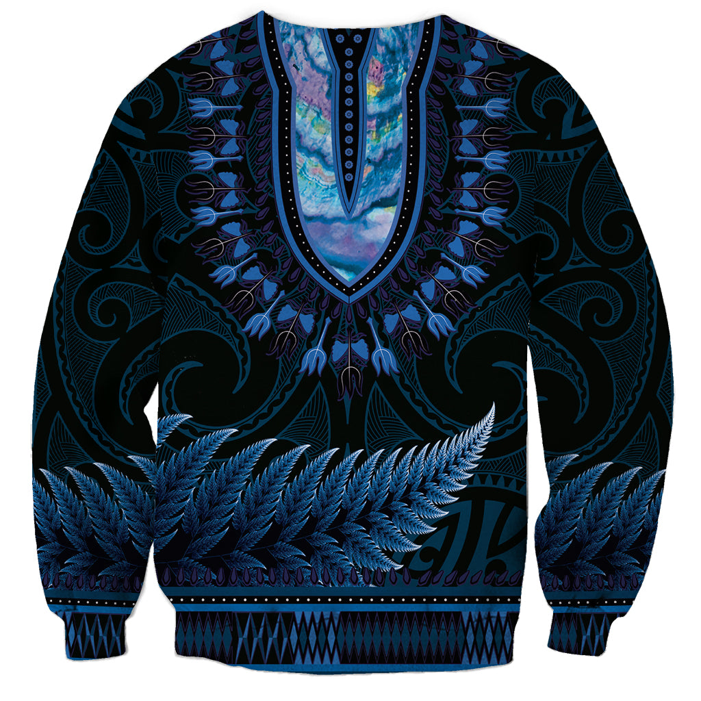 Blue African Dashiki With Aotearoa Maori Sweatshirt Paua Shell Mix Silver Fern