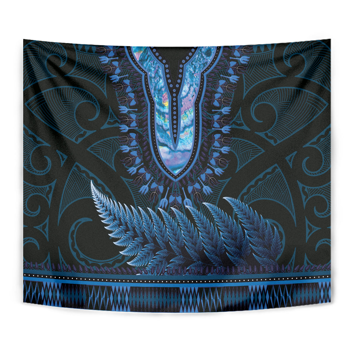 Blue African Dashiki With Aotearoa Maori Tapestry Paua Shell Mix Silver Fern